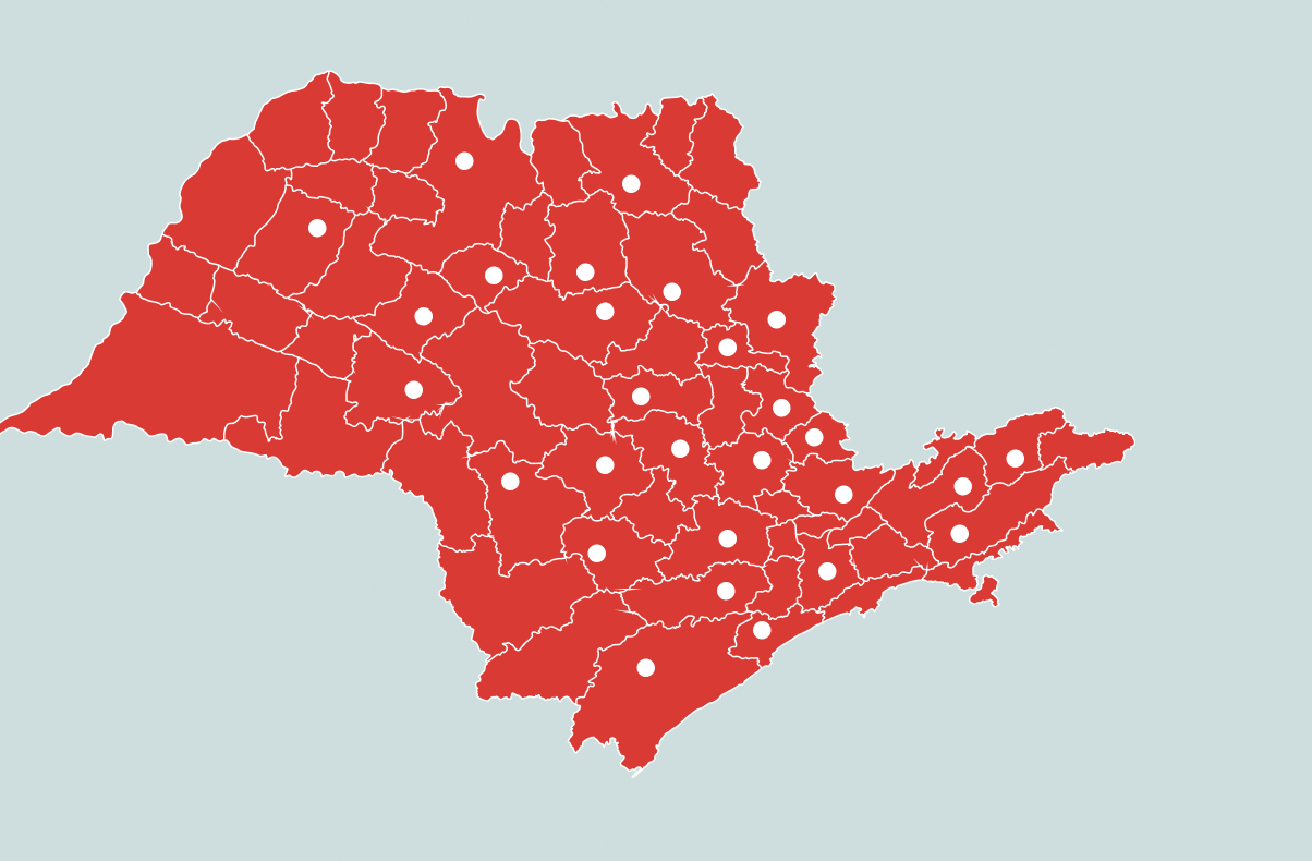 Mapa do Estado de São Paulo com presença da Granlote